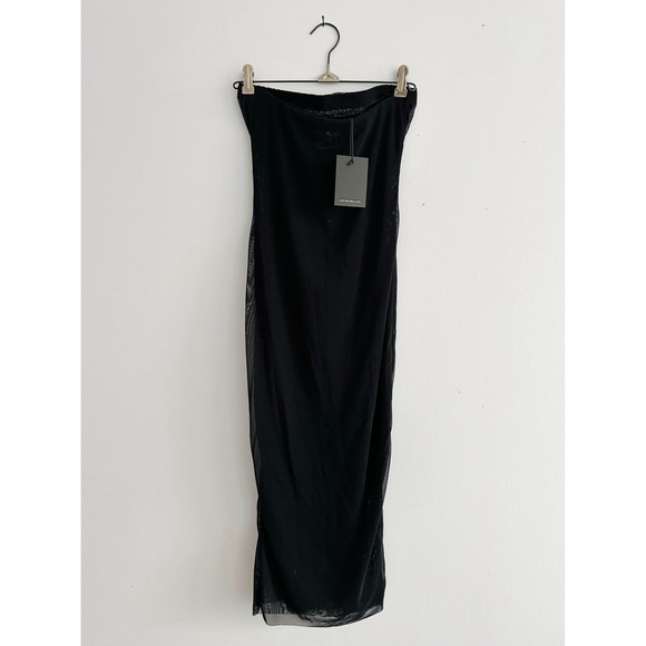 Louisa Ballou Black Tube Mesh Midi Bodycon Dress Strapless Size Small - Picture 2 of 7
